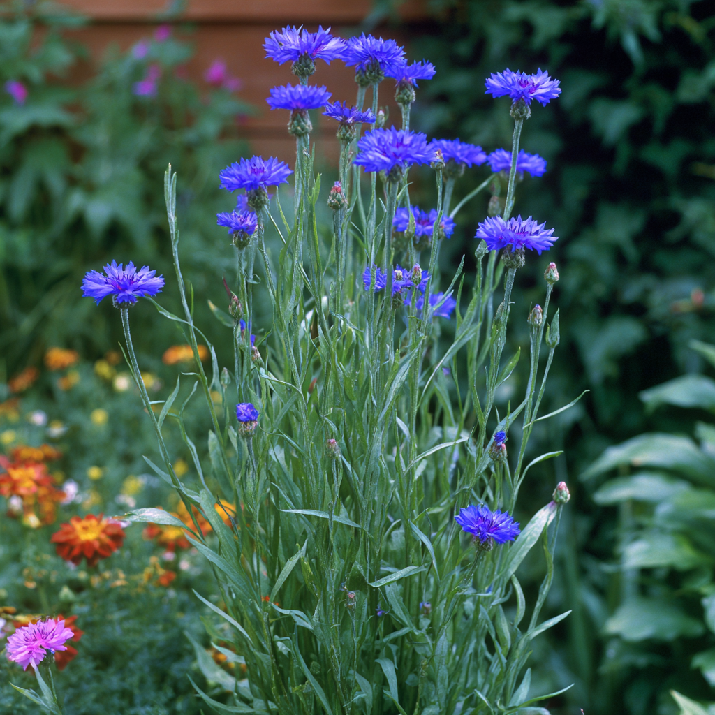 Tall Blue Bachelor Button flowers growing in a garden